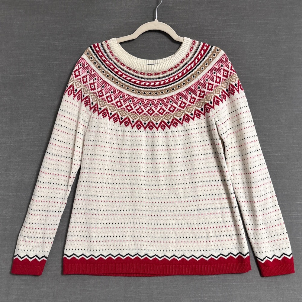 Talbots Sweater L Petite Cream Red Fair Isle Lambs Wool Crew Pullover Holiday